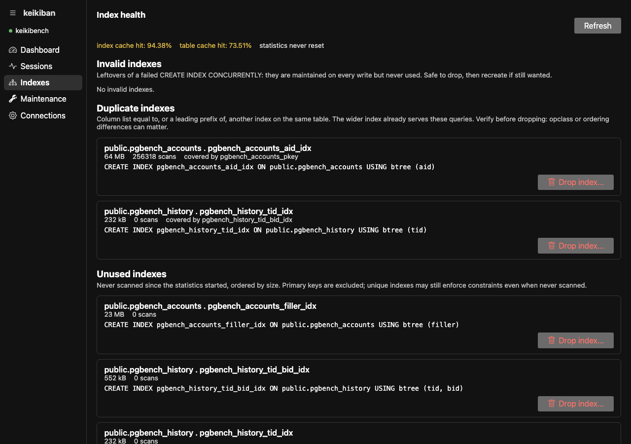 Index health screen showing duplicate and unused indexes with their DDL and a drop button
